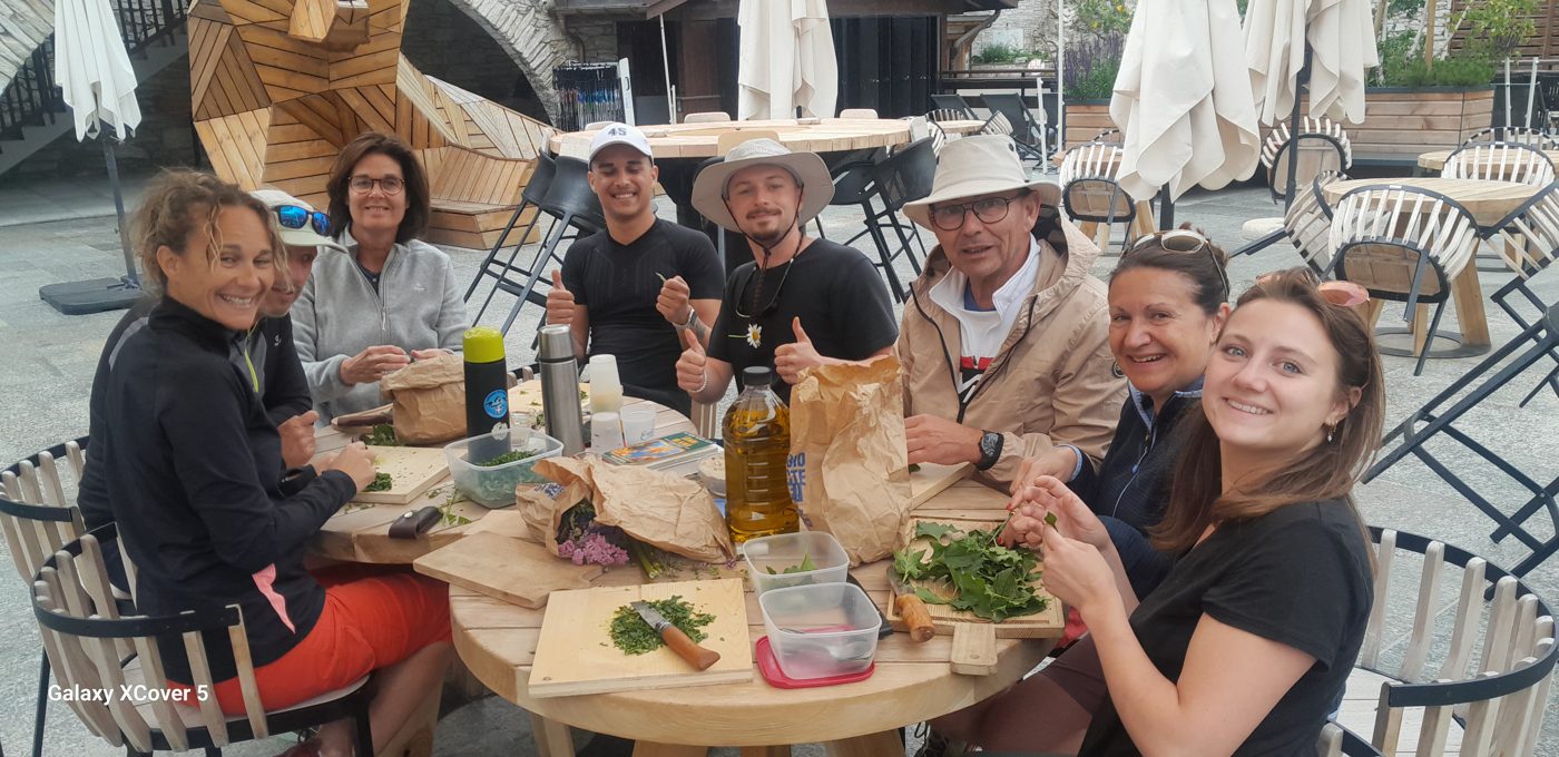Atelier cueillette et cuisine des plantes sauvages autour d'une table en extérieur