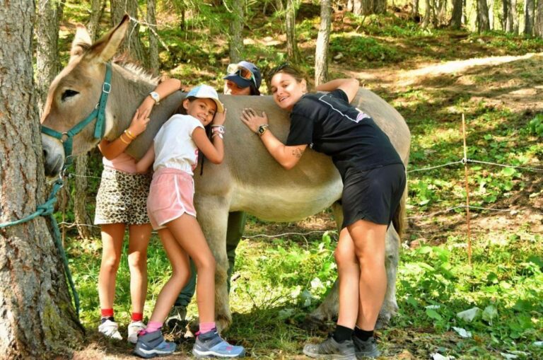 Trois enfants et une adulte câlinant un âne dans un sous-bois pendant les contes d'ânes